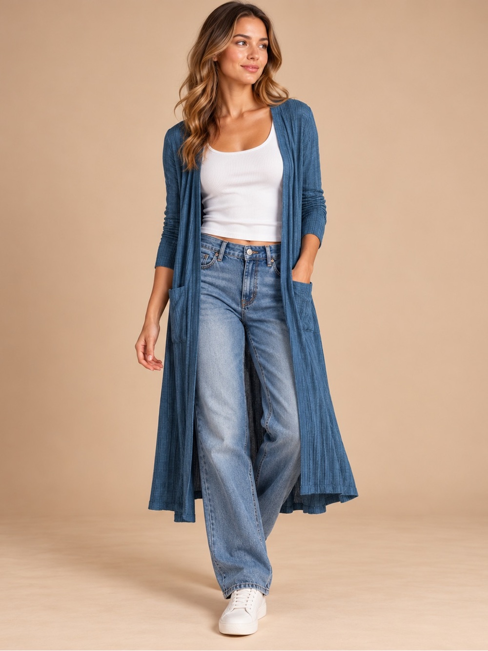 LuLaRoe Sarah Ribbed Duster Cardigan Large Blue Teal Longline Pockets L